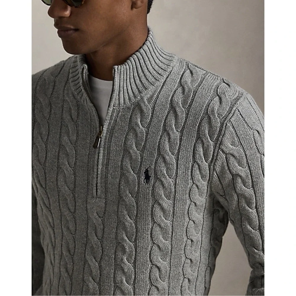 Polo Ralph Lauren Cable-Knit‎ Cotton Quarter-Zip Sweater in Grey Men Medium NWT